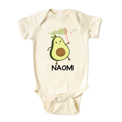 Baby Onesie, Cute Baby Gift for Newborn Clothes for Baby Bodysuit with a cute avocado catching stars design, customizable with names.