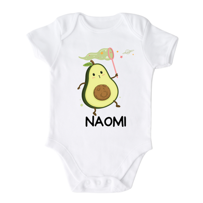 Baby Onesie, Cute Baby Gift for Newborn Clothes for Baby Bodysuit with a cute avocado catching stars design, customizable with names.