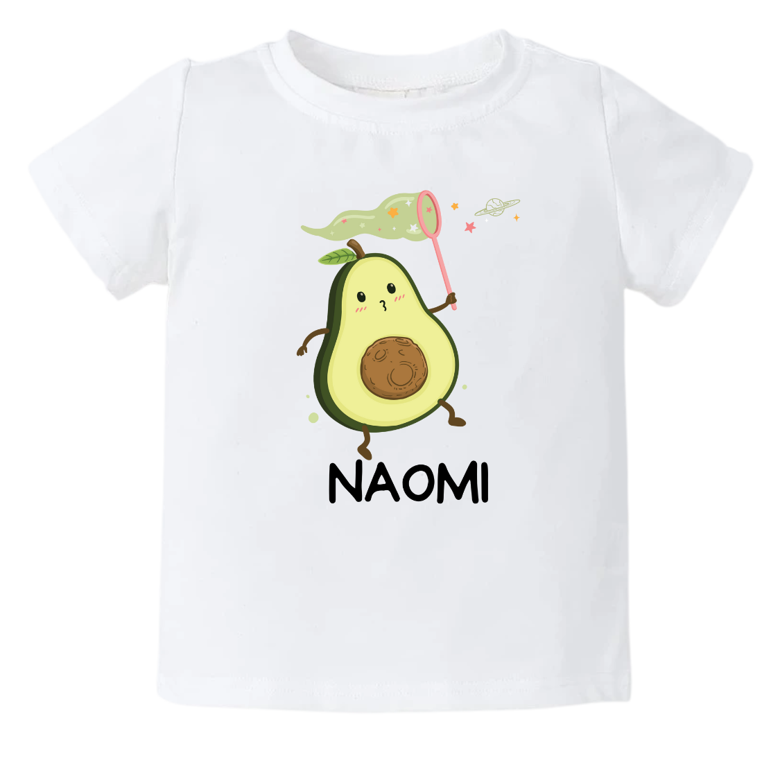 Kid Tshirt with a cute avocado catching stars design, customizable with names.