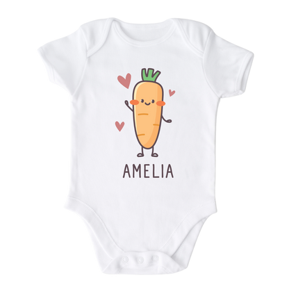 Baby Onesie for Baby Gift for Newborn Gift Custom Baby Name with a cute carrot design, customizable with names.