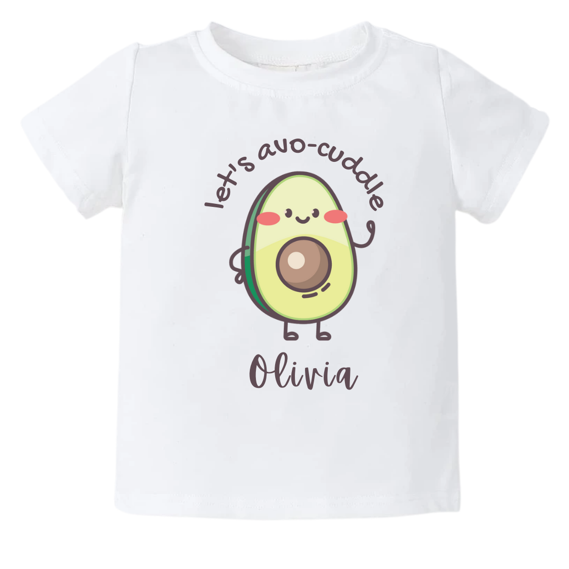 A cute avocado design with the text 'Let's Avocuddle' on a kids' t-shirt and baby onesie. The design can be personalized with customizable names for added charm and sweetness