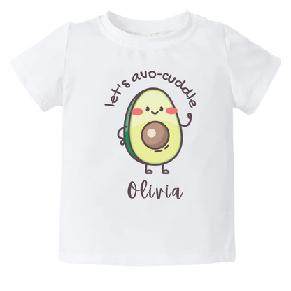 A cute avocado design with the text 'Let's Avocuddle' on a kids' t-shirt and baby onesie. The design can be personalized with customizable names for added charm and sweetness