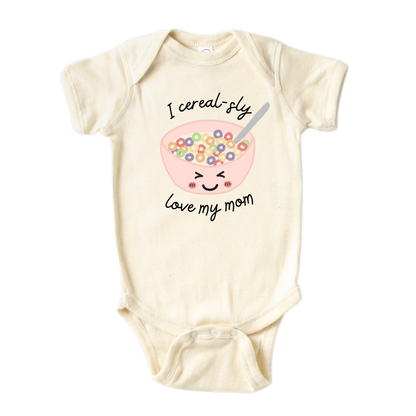 Natural Onesie - Cute cereal bowl graphic print with customizable text - 'I Cereal-sly Love My Mom' on a kid t-shirt and baby onesie. High-quality and vibrant design for adorable children's clothing. Perfect gift option to express love for Mom. 