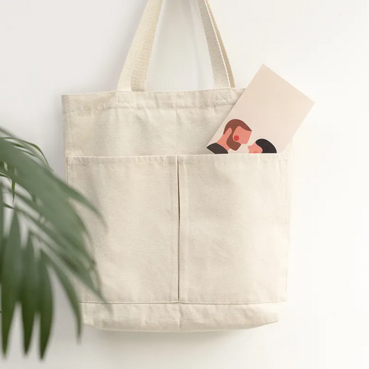 Simple Canvas Tote Bag with Front Pockets and Inside Small Pocket