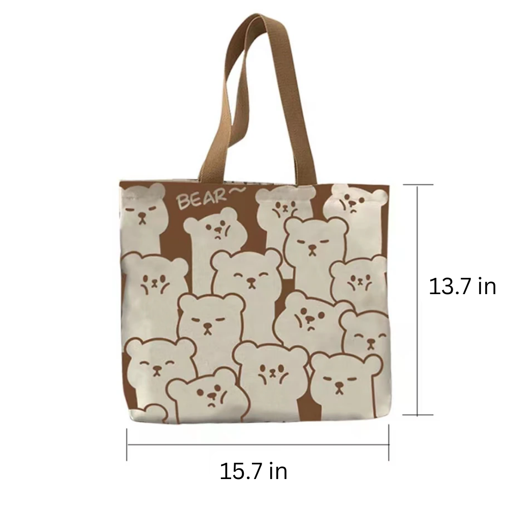 Cute Bear Canvas Tote Bag with Zipper and Inside Pocket