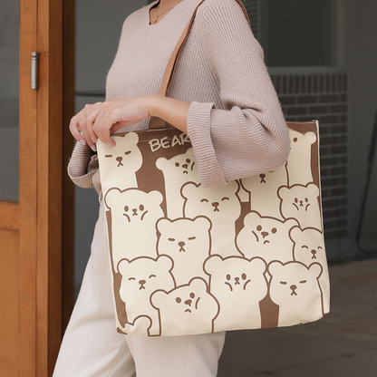 Cute Bear Canvas Tote Bag with Zipper and Inside Pocket