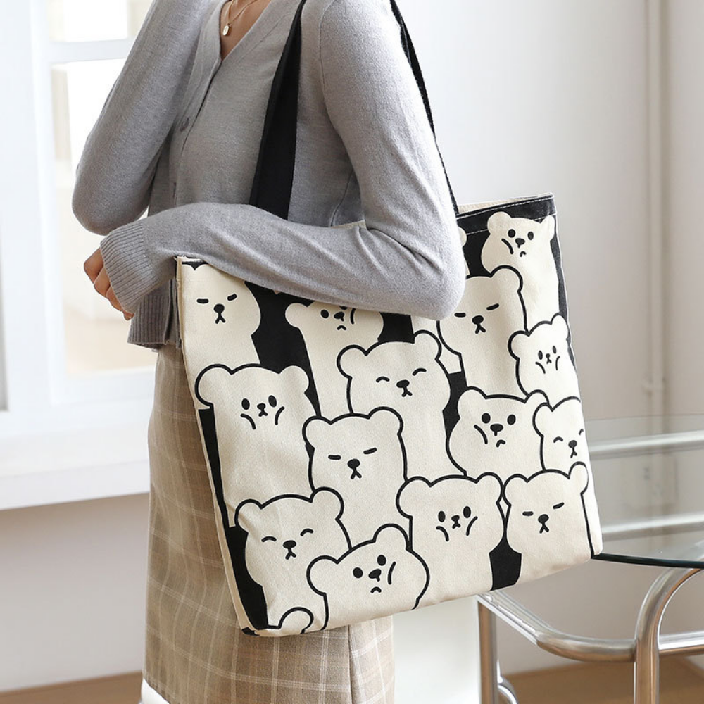 Cute Bear Canvas Tote Bag with Zipper and Inside Pocket