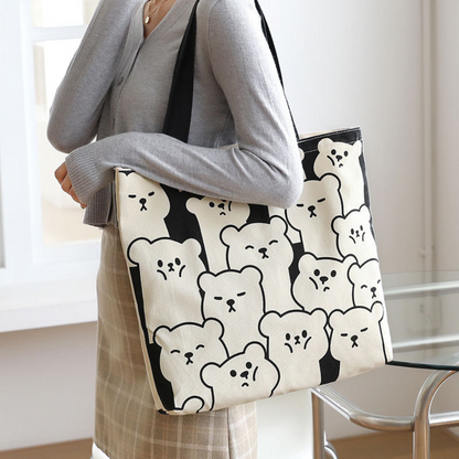 Cute Bear Canvas Tote Bag with Zipper and Inside Pocket