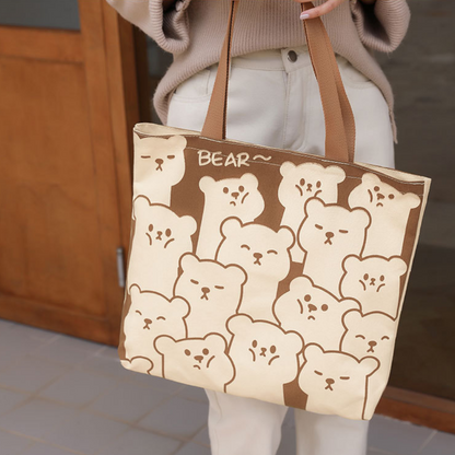 Canvas Tote Bag with Zipper and Inside Pocket Bear Print