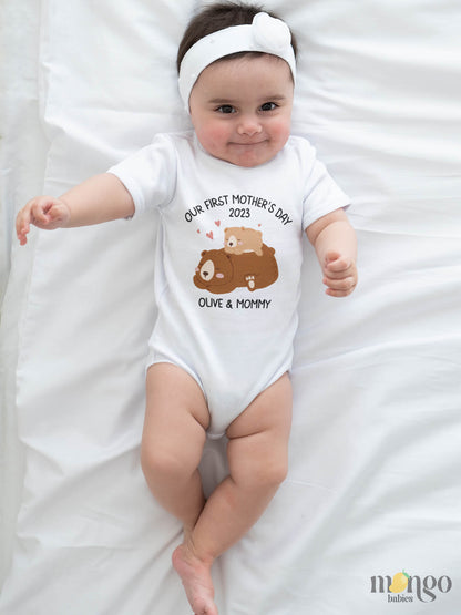 Kid's t-shirt with a cute Mama Bear and Baby Bear design, featuring 'Our First Mother's Day' text, customizable with names.